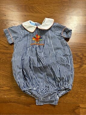 Blue Gingham Baby Bubble Romper with Embroidered Turkey